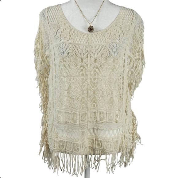 American Rag Tops - American Rag Small Crochet Ivory Top with Fringe Festival Boho Bat Sleeve